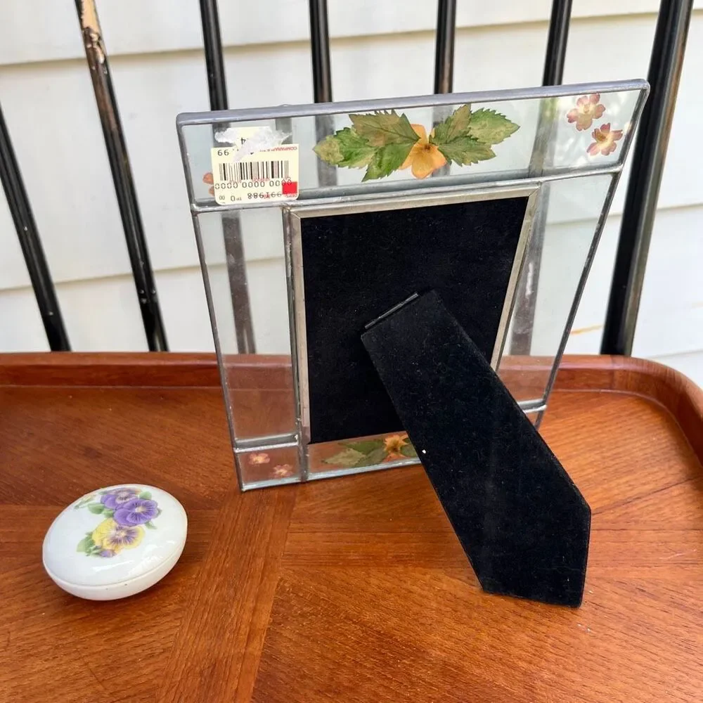 Pressed Flower Stained Glass Frame & Pansy Trinket Box Cottagecore Vanity Set